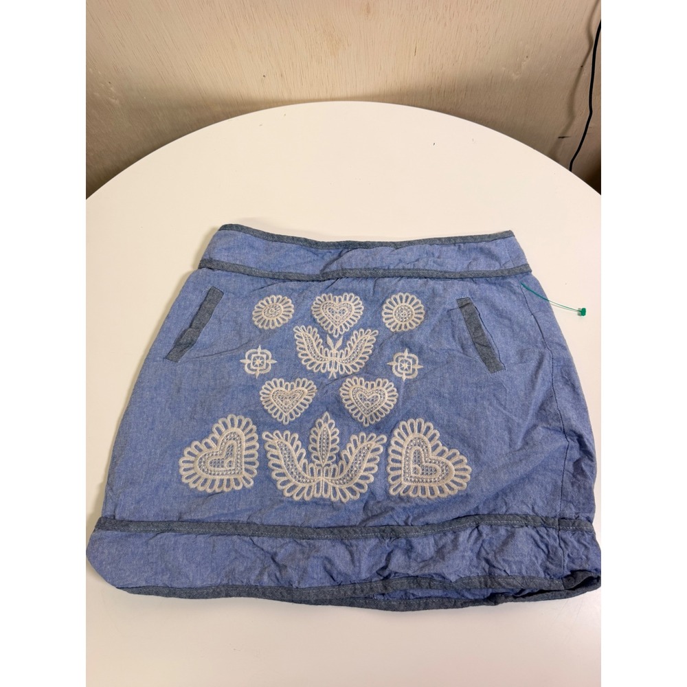 VOY Embroidered Mini Skirt Women Small Blue Excellent Boho Heart Chambray